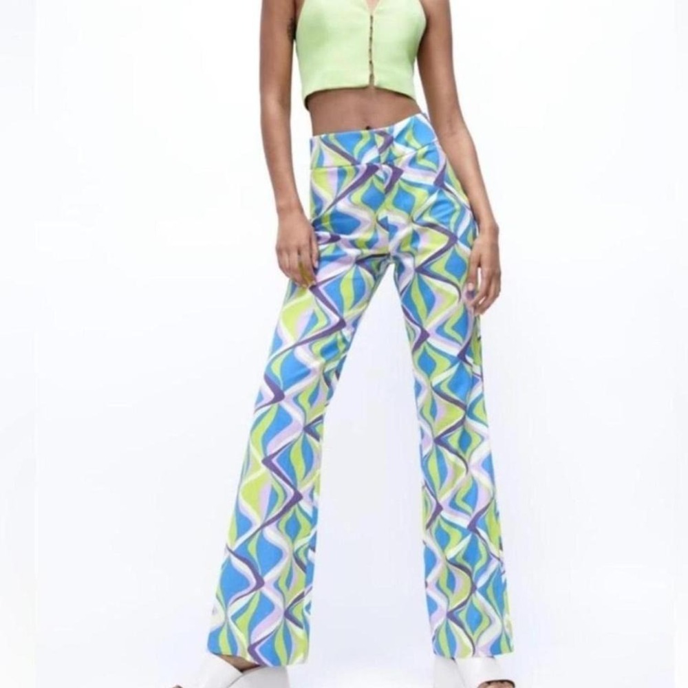Zara Psychedelic Geometric Print Flare Pants Blue Green Purple Retro 70s Style M